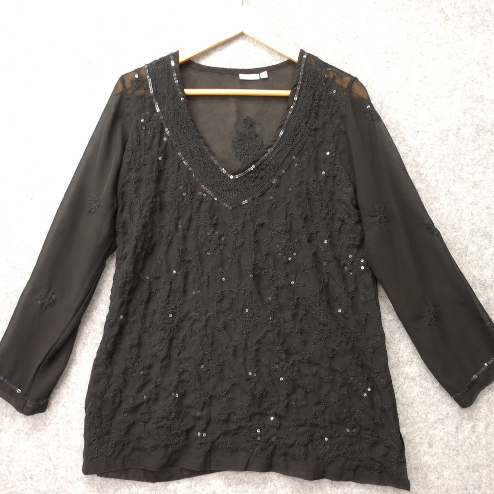 SEVYA Womens Tunic Top MEDIUM Black Fairy Grunge Sheer Y2K Boho Sequin Artisan
